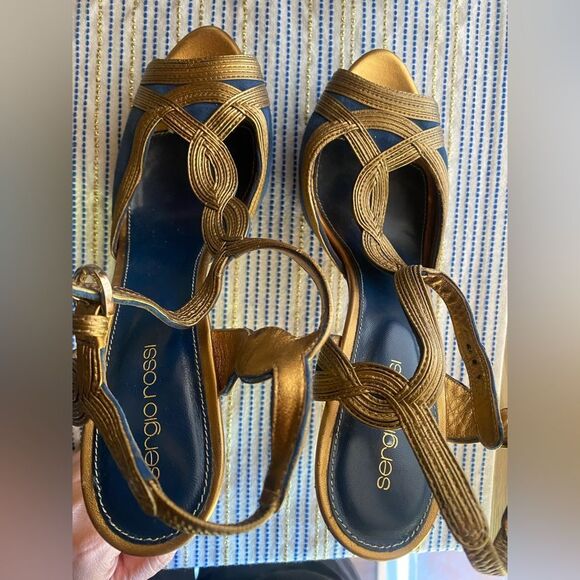 SERGIO ROSSI Bronze and Blue Metallic Platform Sandal Heels Size 39 - Picture 8 of 14